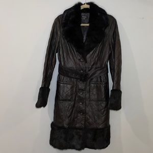 BEBE 100% Leather & Rabbit Fur Fully Lined Midi Coat